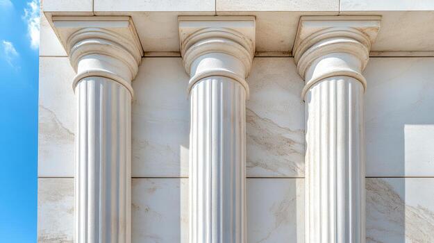 The columns of a building are shown against a blue sky photo