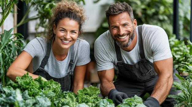 A man and woman are smiling while working in a garden photo