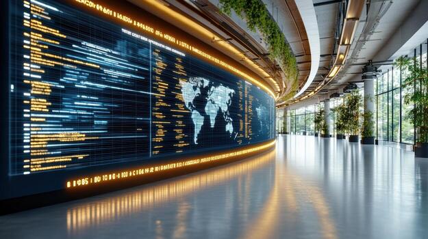 A long hallway with a large screen showing a map photo