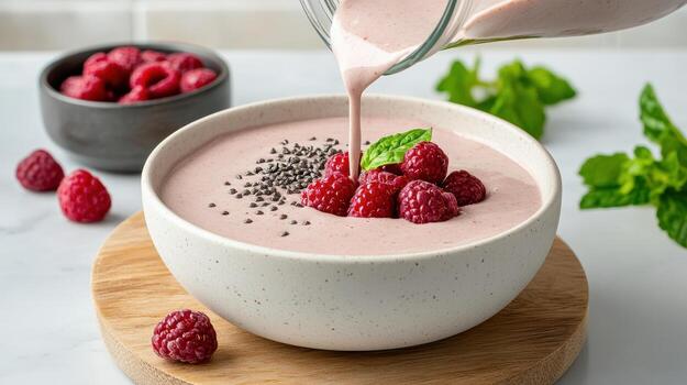 Raspberry smoothie with chia seeds and mint photo