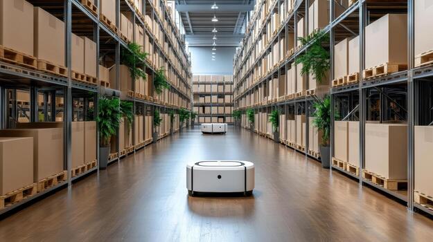 A robot in a warehouse with boxes and shelves photo