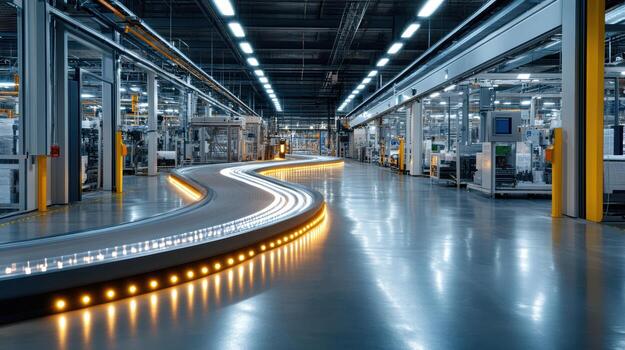 A long conveyor belt in a factory photo