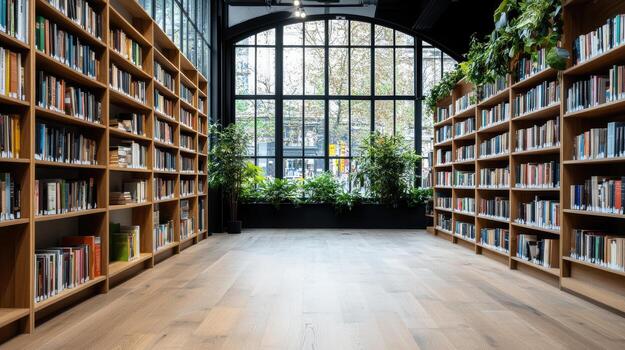 A long, empty library with lots of books photo