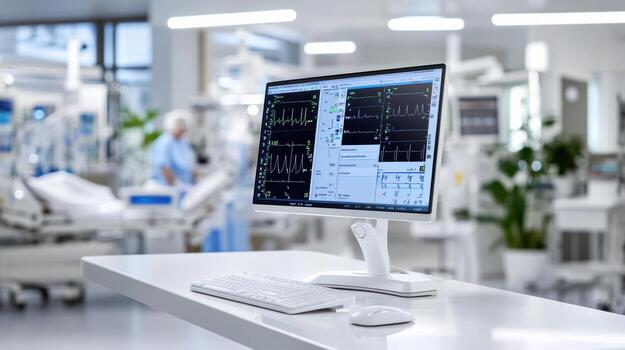 A computer monitor on a desk in a hospital photo