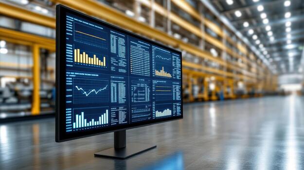 A large monitor with data on it in a factory photo
