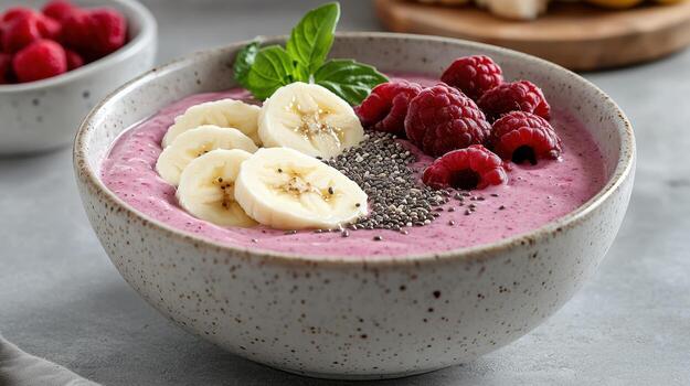 Banana, raspberries and chia seeds in a bowl photo