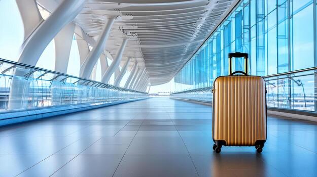 A suitcase is standing in an airport terminal photo