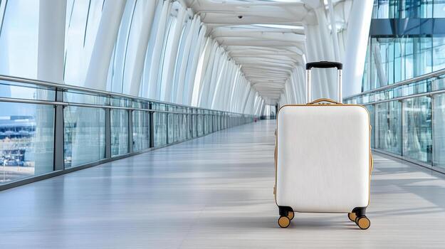 A suitcase sitting on a walkway in an airport photo