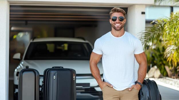 A man standing in front of a car with two suitcases photo