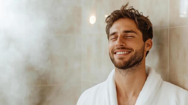 A man in a bathrobe smiling while steam rises from the shower photo
