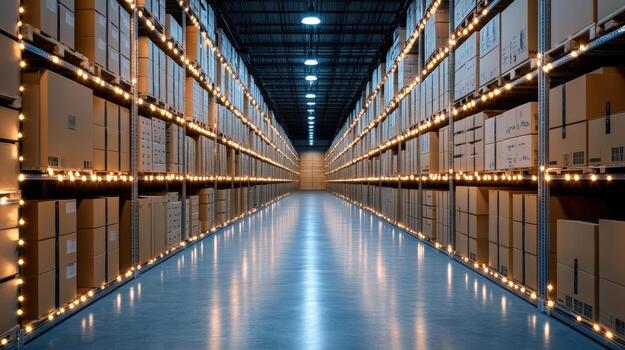 A long aisle in a warehouse with boxes on the shelves photo