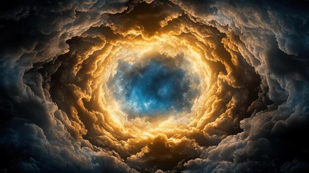 A circular hole in the clouds with a bright light photo