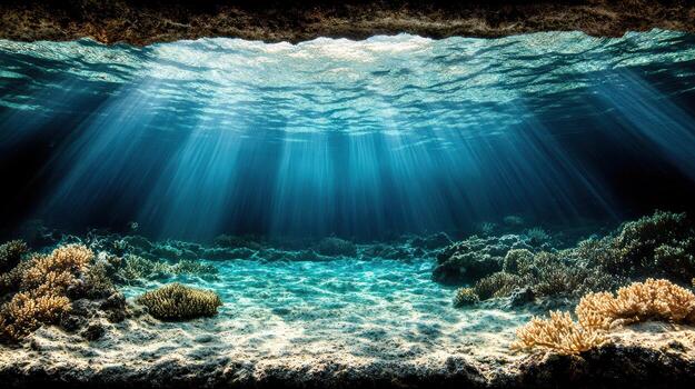 Underwater scene with sunlight shining through the water photo