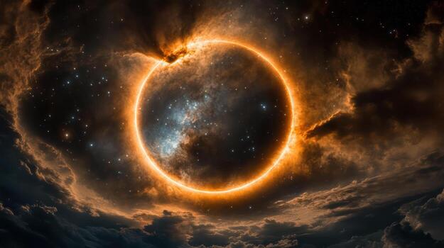 An orange ring in the sky with clouds photo