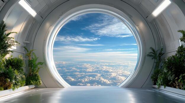 A futuristic looking room with a large window and plants photo