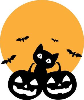 Black Cat with Jack-o'-Lanterns and Bats in Front of Full Moon image vector