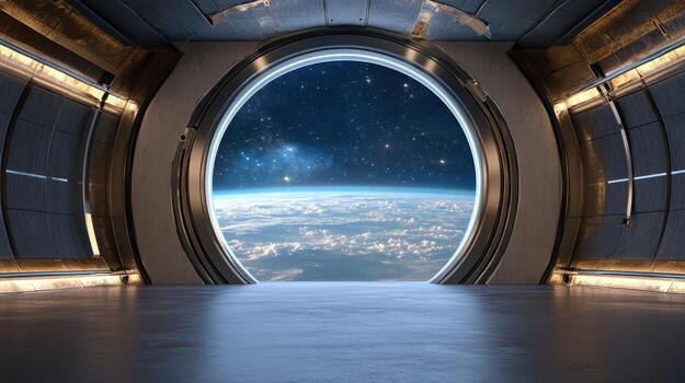 An open door in a spaceship with a view of earth photo