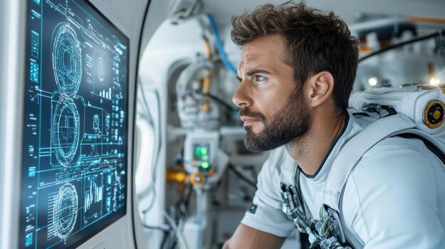 A man in a space suit looking at a computer screen photo