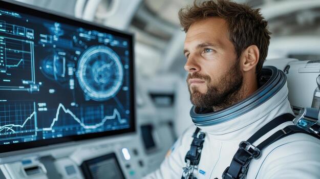 Astronaut in space suit looking at computer screen photo