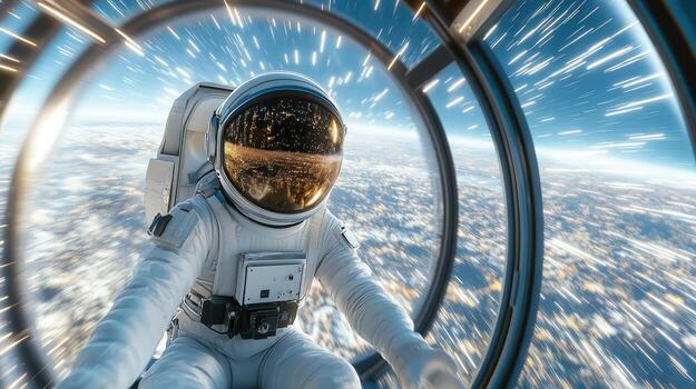 Astronaut in space suit flying through space photo