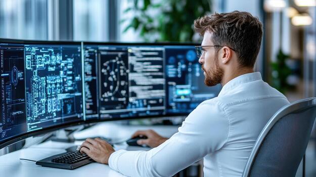 A man in a white shirt is sitting at a desk with two computer screens photo