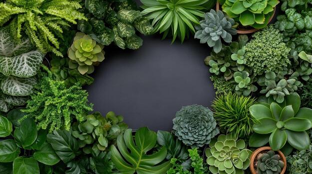 Various plants and succulents arranged in a circle photo
