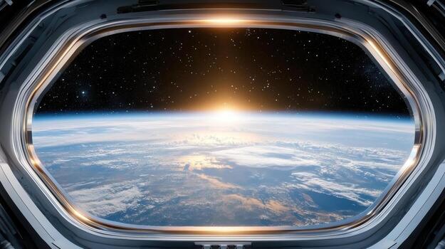 Earth view from space window with sun rising photo