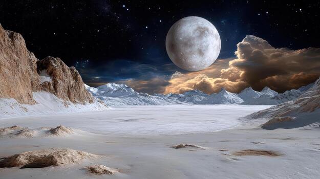An alien landscape with a moon in the sky photo