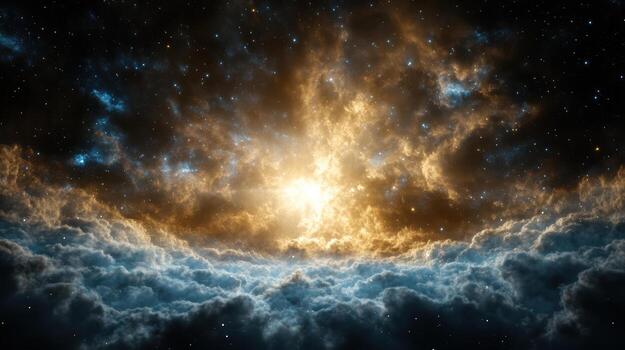 The sun shining through clouds in space photo