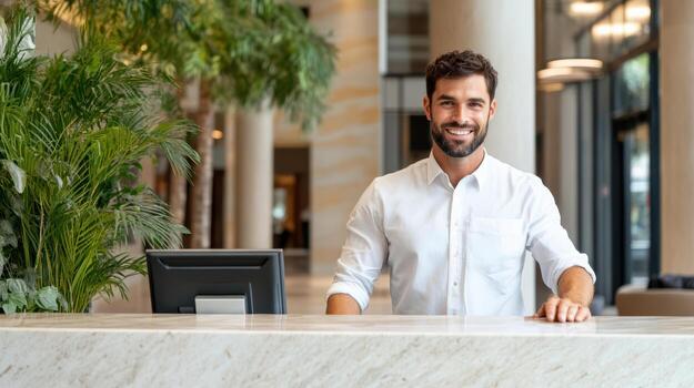 un hombre en pie a el frente escritorio de un hotel foto