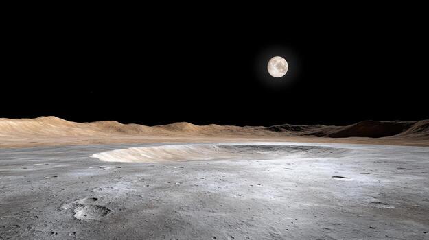 An artist's rendering of the moon rising over a crater photo