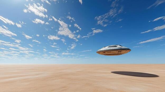 An alien spaceship flying over a desert photo