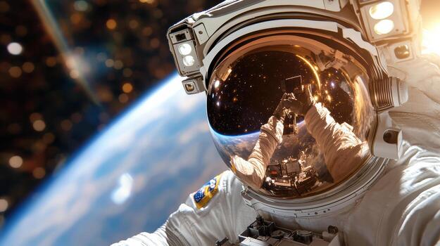 An astronaut in outer space with the sun shining photo
