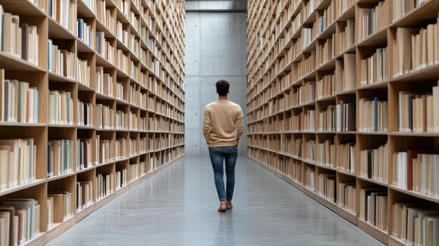 A person walking in a library with many books photo
