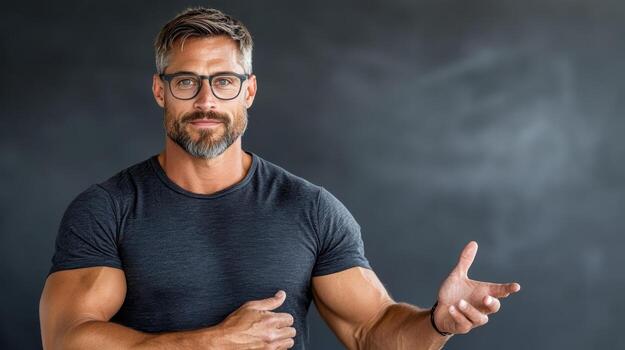 A man with glasses and a beard is showing something photo