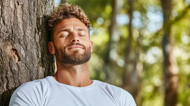 A man with his eyes closed and his head resting on a tree photo