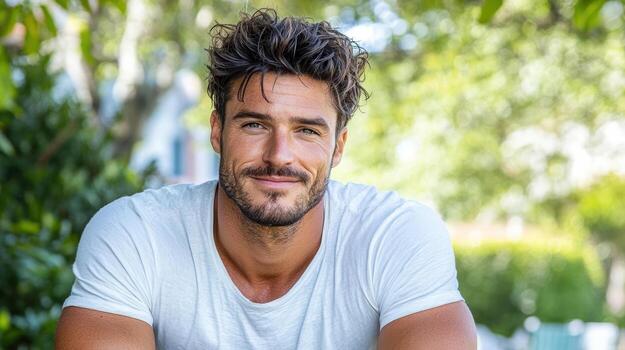 A man with a beard and mustache sitting on a bench photo
