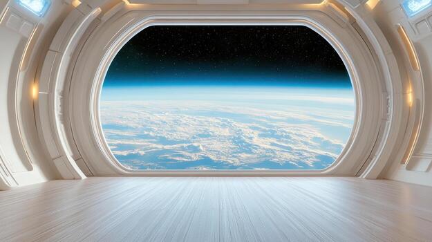 An empty room with a window looking out to the earth photo