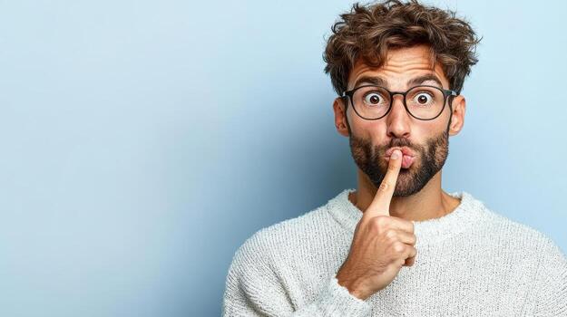 A man with glasses and a beard is making a hush gesture photo