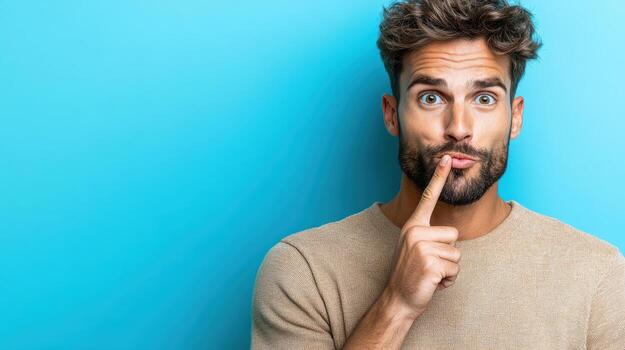 A man with a beard and beard is looking at the camera with his finger on his lips photo