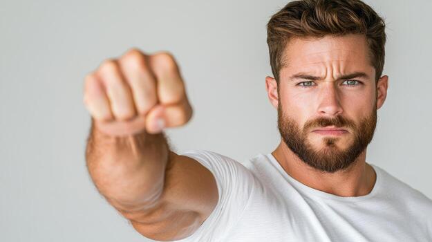 A man with a beard and a white t - shirt is pointing at the camera photo