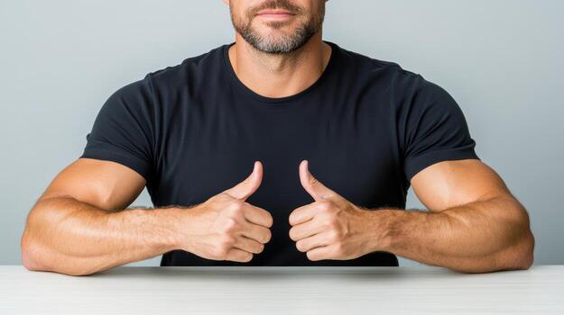 Handsome man showing thumbs up on table photo