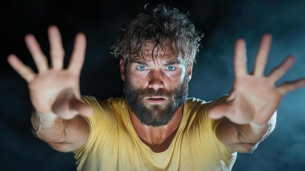 A man with a beard and beard is holding his hands up photo