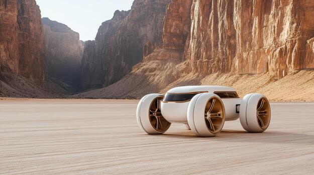 A futuristic vehicle is driving in the desert photo