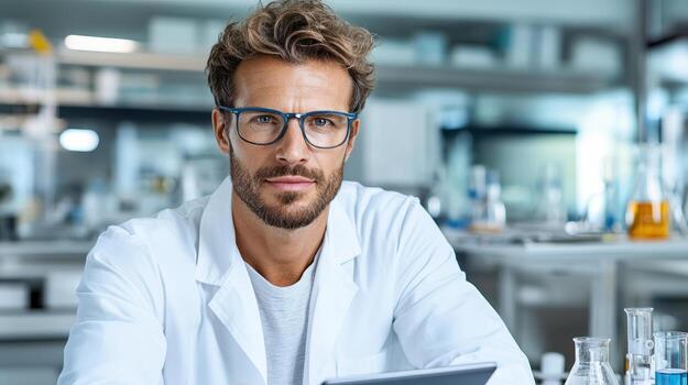 A man in a lab coat is looking at a tablet photo