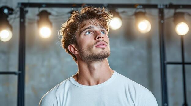 A man is looking up at the camera photo