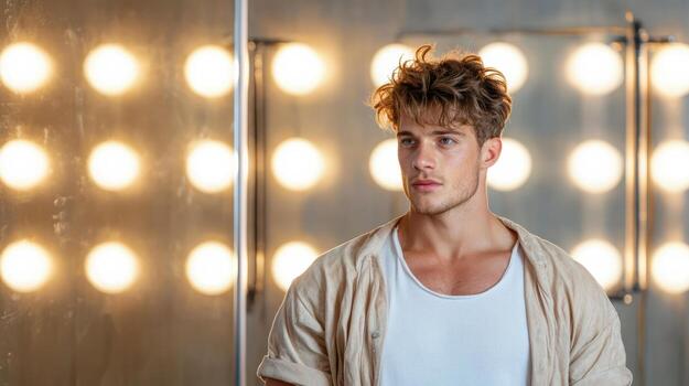 A man standing in front of a mirror with lights photo