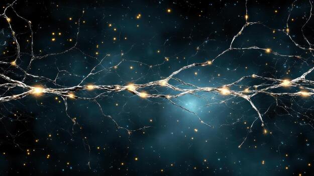 Neurons in a dark space with glowing lights photo