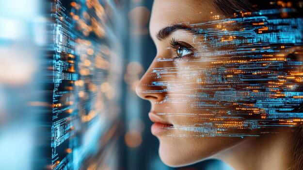 A woman's face is covered with digital data photo