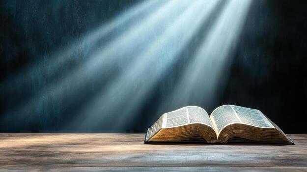 un abierto Biblia en un de madera mesa con rayos de ligero viniendo desde el cielo foto